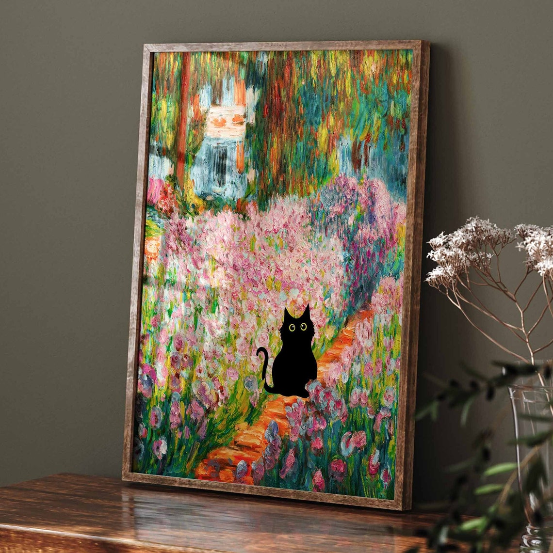 Black Cat Strolling Through Monet Style Iris Garden Art Poster - Image 2