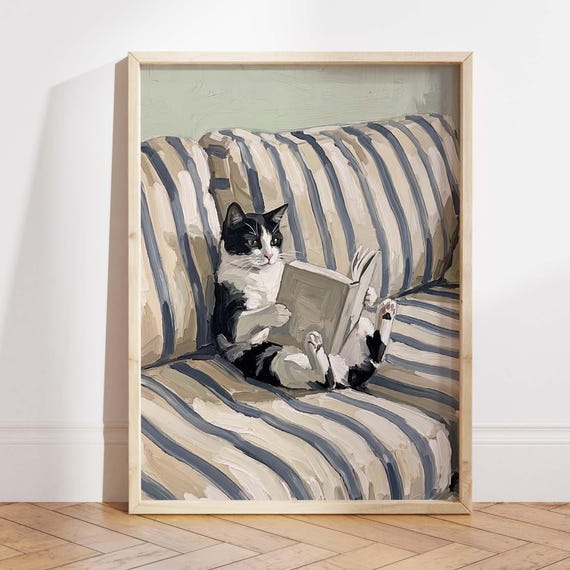 Reading Cat Art Print, Cozy Cottagecore Decor