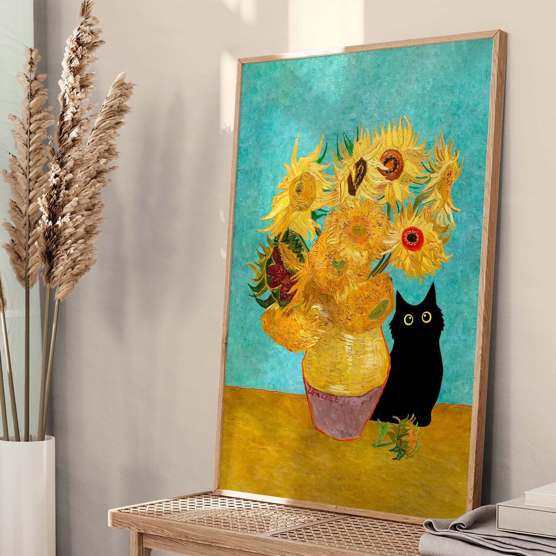 Black Cat Beside Van Gogh Sunflowers Vase Teal Background Classic Poster - Image 4