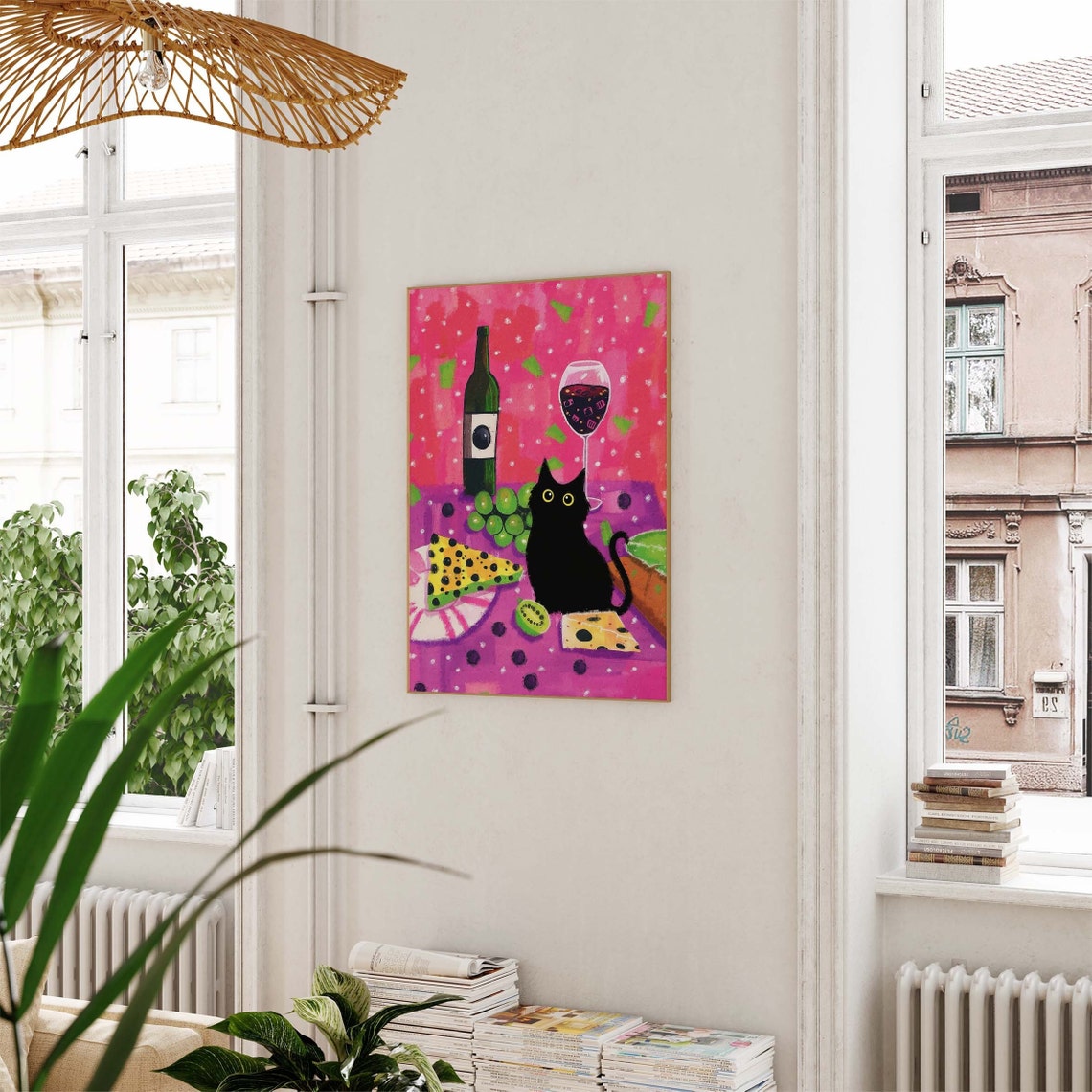 Black Cat With Wine Bottle And Cheese On A Vibrant Pink Poster - Image 2