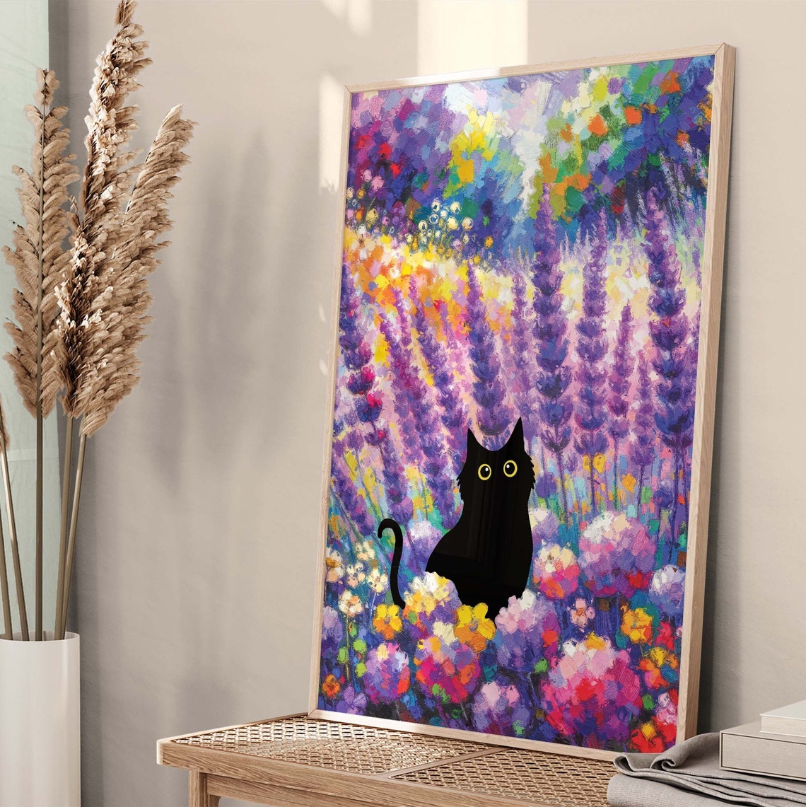 Black Cat In Colorful Lavender Garden Bloom Flower Field Poster - Image 2