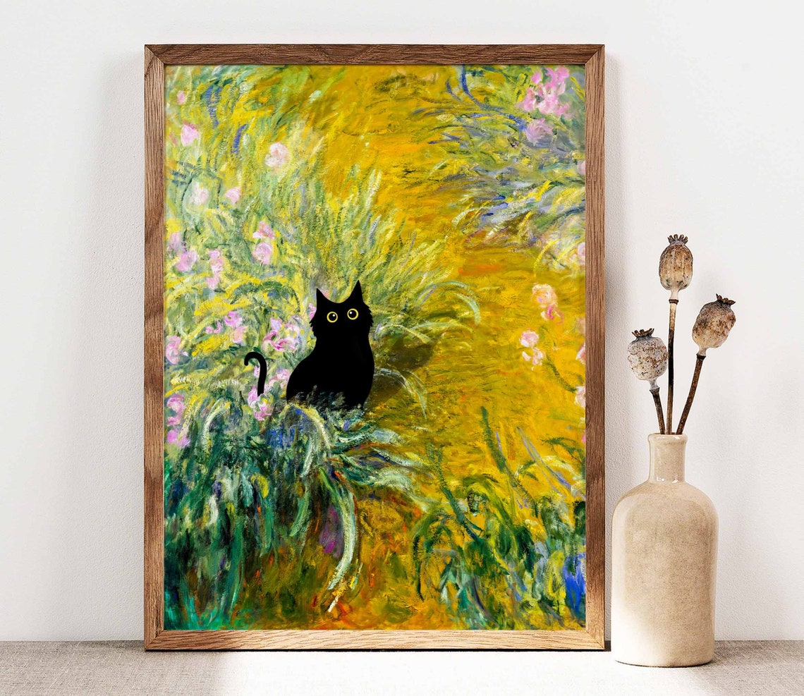 Black Cat Silhouette In A Yellow Impressionist Iris Garden Poster