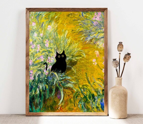 Black Cat Silhouette In A Yellow Impressionist Iris Garden Poster