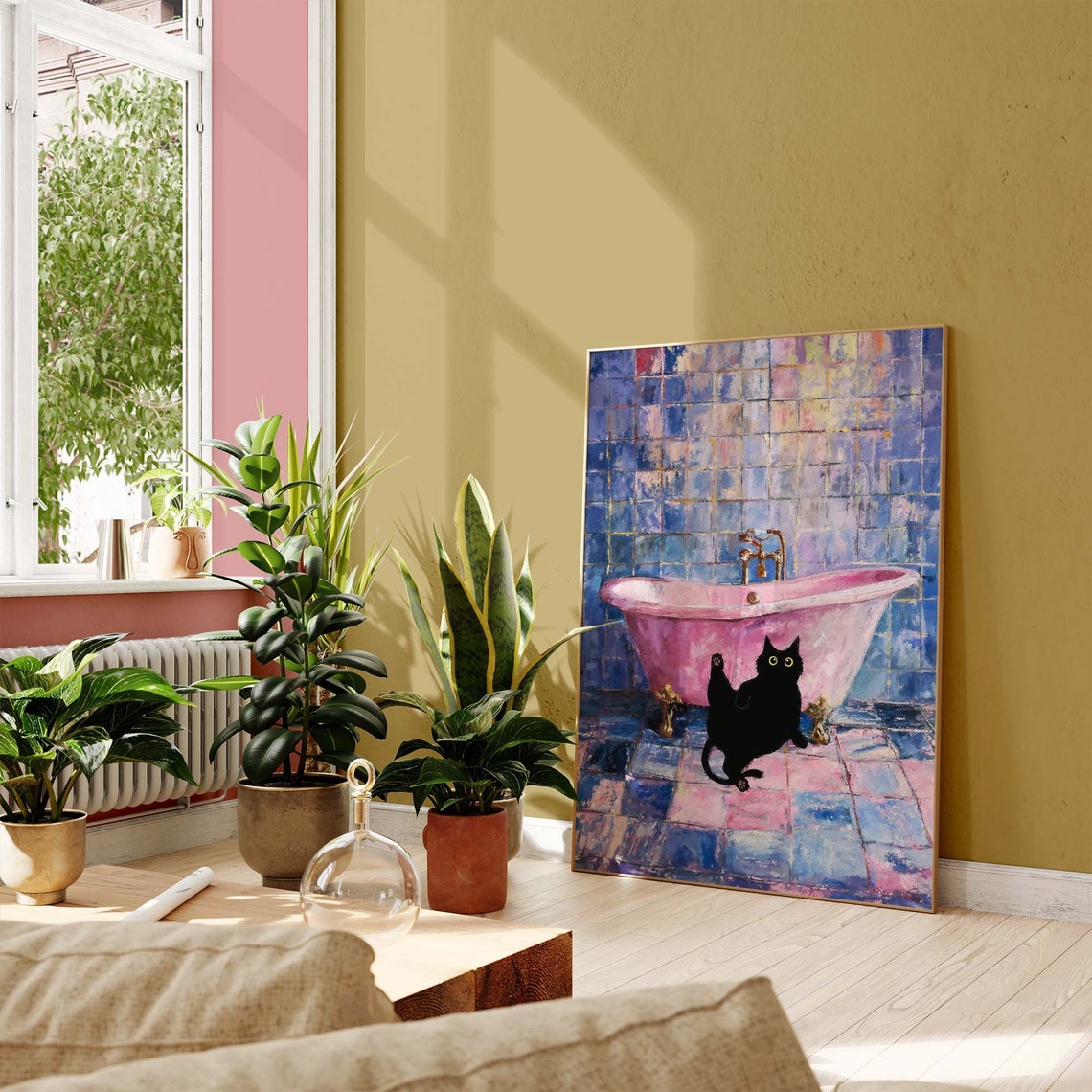Black Cat With Pink Clawfoot Bathtub Painterly Bathroom Poster - Image 2