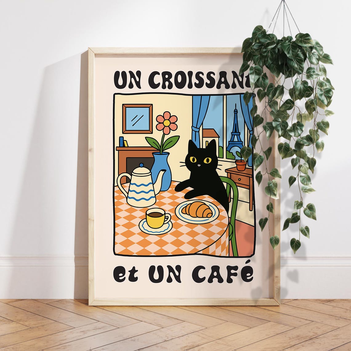 Un Croissant et Un Cafe Black Cat Paris Kitchen Funny Poster Art