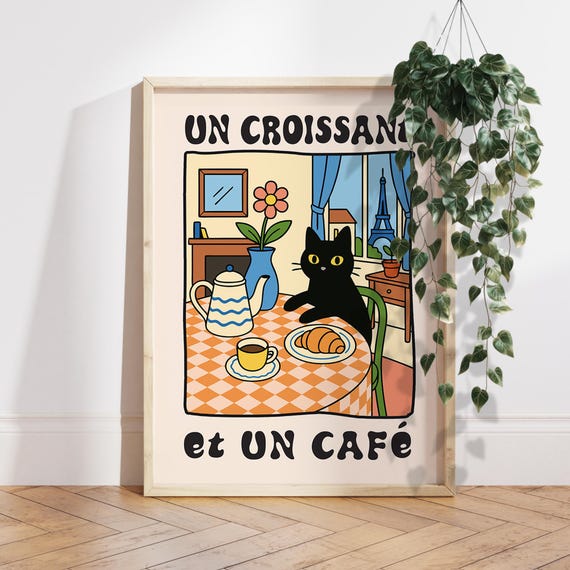 Black Cat Poster Gift Croissant Coffee Wall Art Kawaii Kitchen Print Paris Decor Cute Lover Caf Ps0754