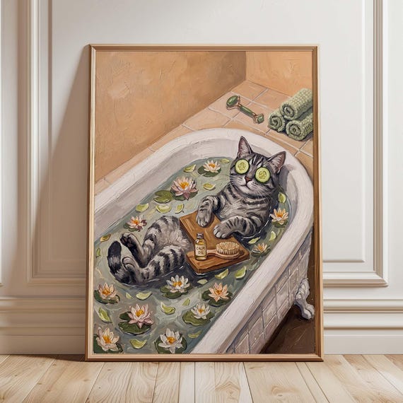 Gray Tabby Cat Bathroom Wall Art Print Funny Spa Poster Whimsical Bathtub Pet Decor For Lovers