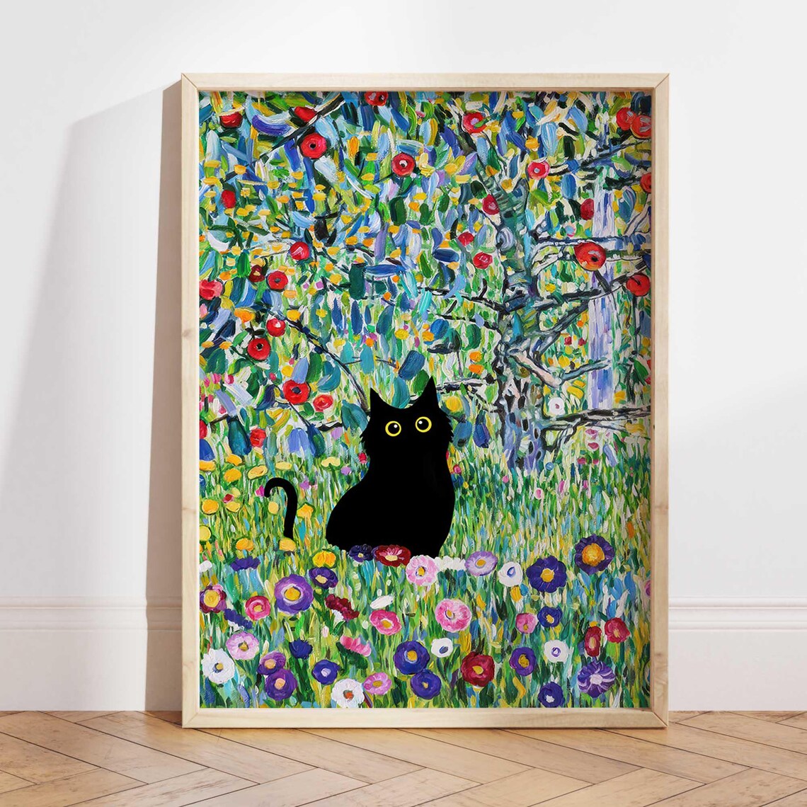 Gustav Klimt Garden Cat Print, Floral Poster