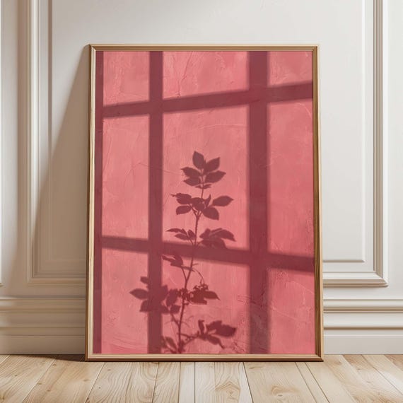 Pastel Pink Shadow Botanical Print Blush Window Light Plant Wall Art Feminine Floral Poster Trendy Aesthetic Bedroom Decor