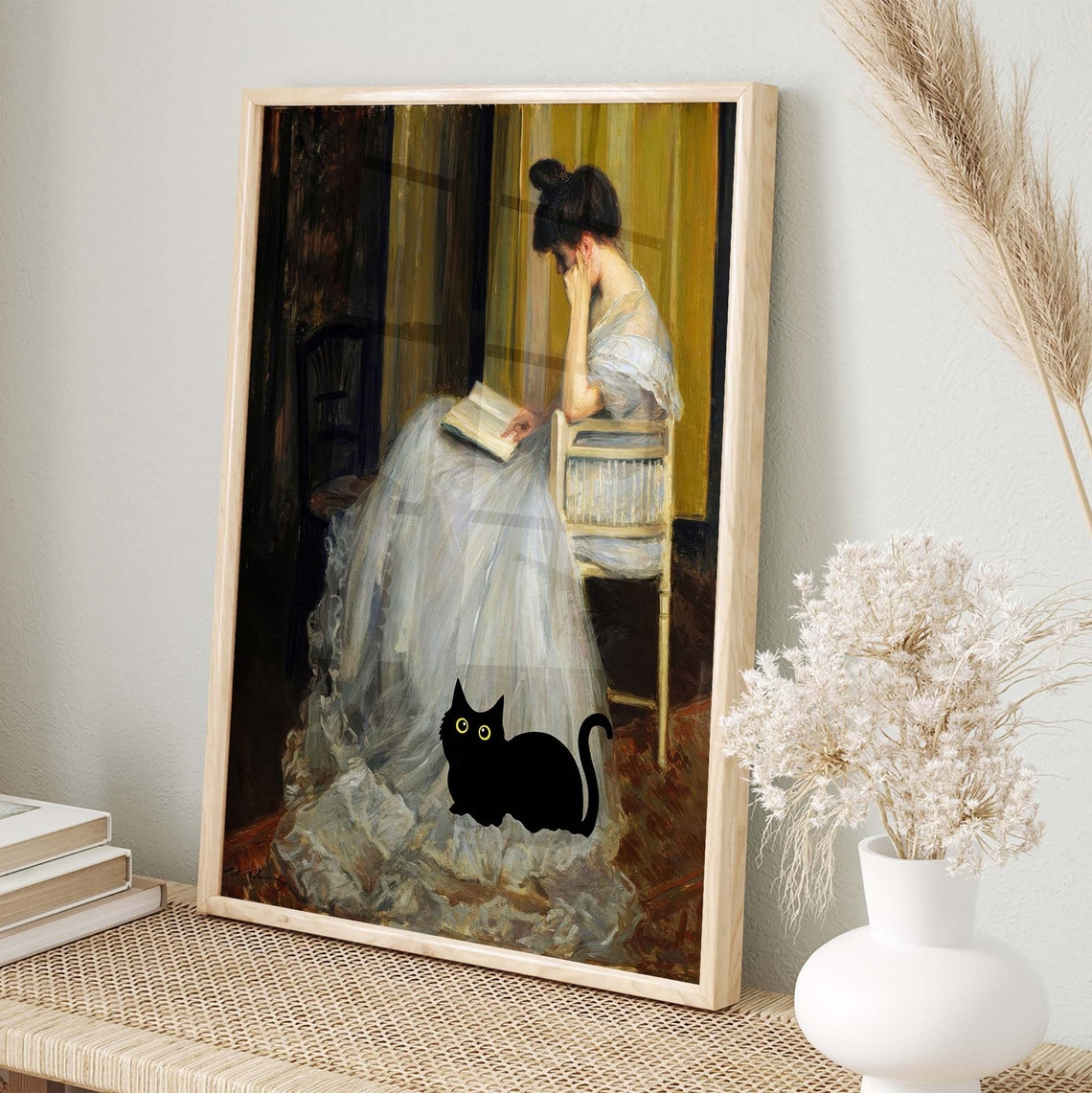 Black Cat With Reading Woman Altered Classic Oil Painting Poster - Image 2