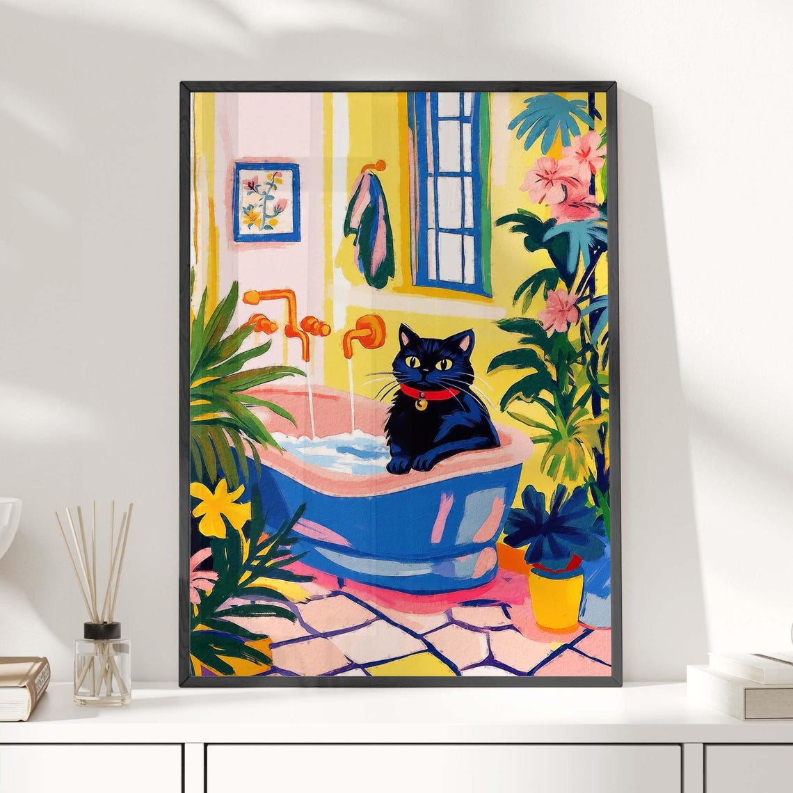 Black Cat Lounging In A Blue Bathtub Tropical Bathroom Poster - Image 4