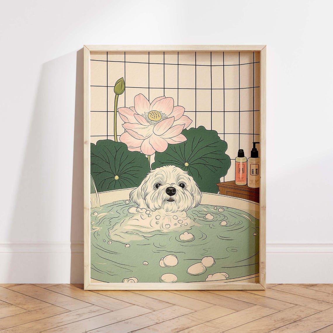 White Fluffy Dog Soaking In Japanese Onsen Bath With Lotus Print
