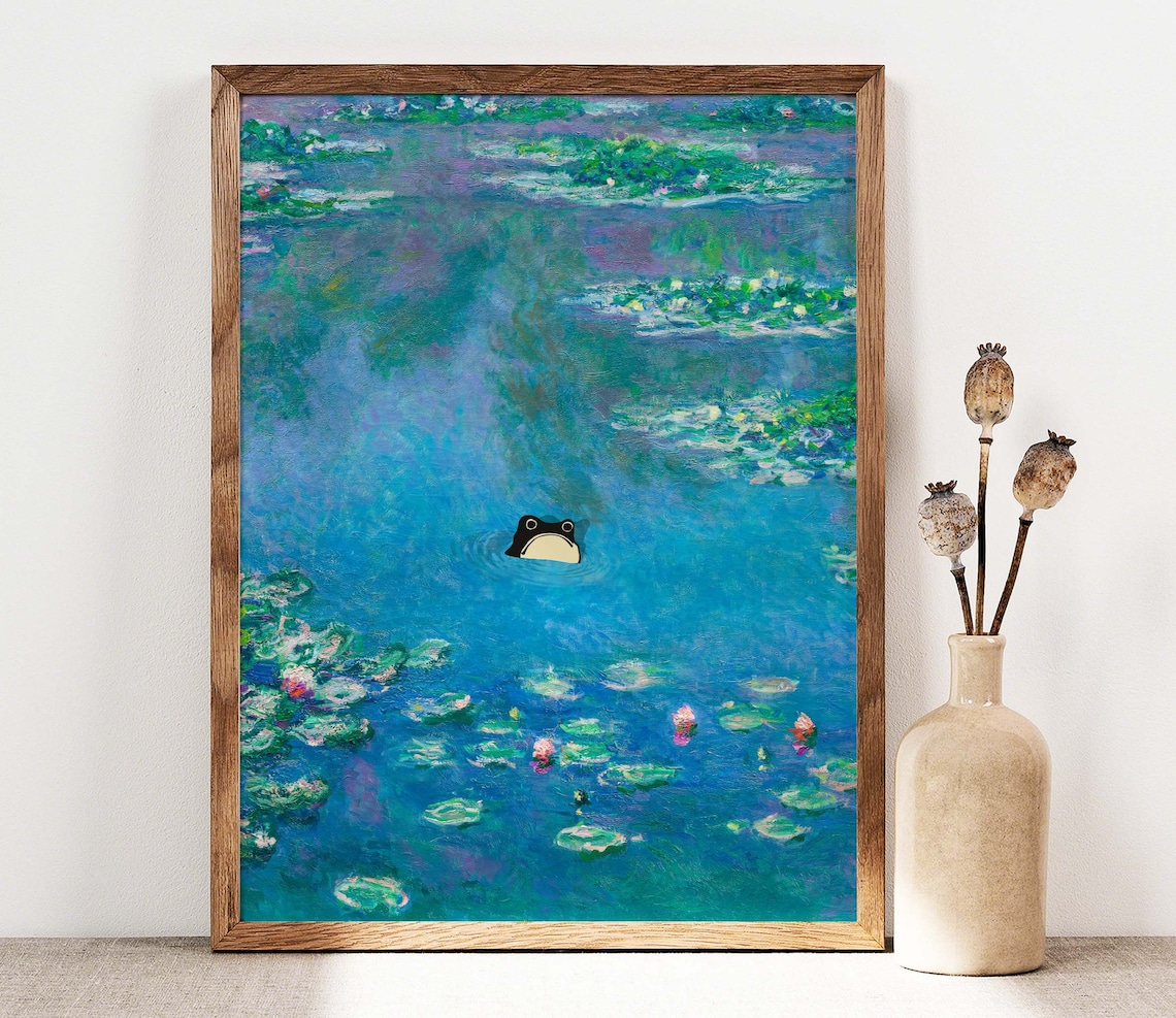 Unimpressed Frog, Monet-Inspired Waterlily Poster