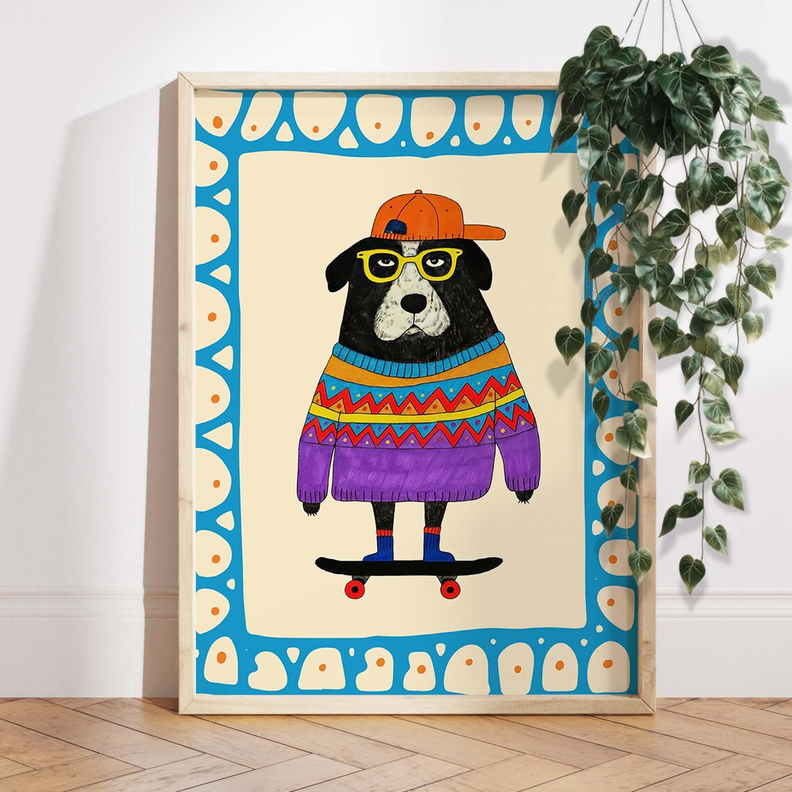 Cool Dog Skateboard Nursery Wall Art, Hipster Animal Print