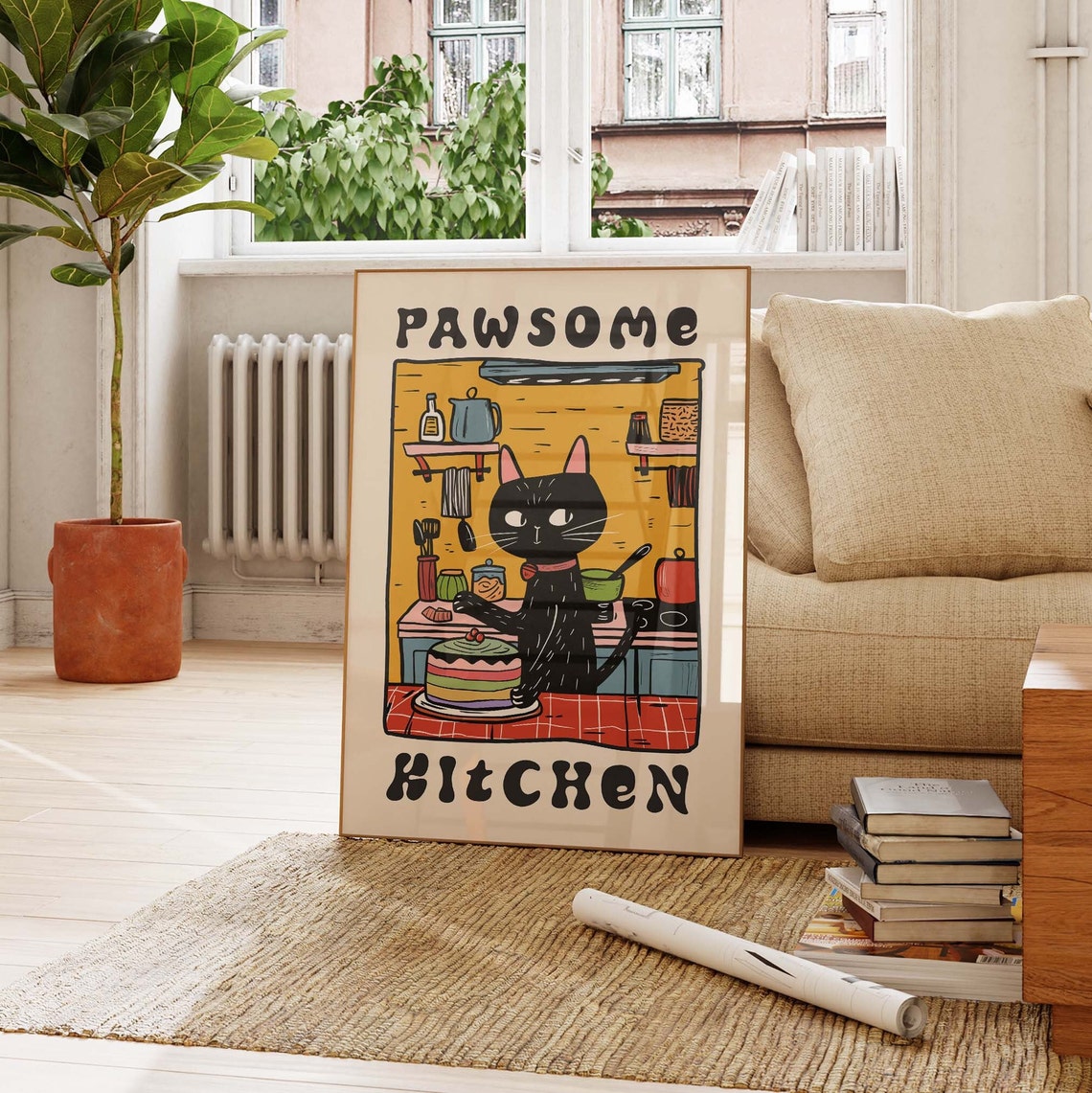 Pawsome Kitchen Funny Black Cat Chef Baking A Layer Cake Retro Poster - Image 4