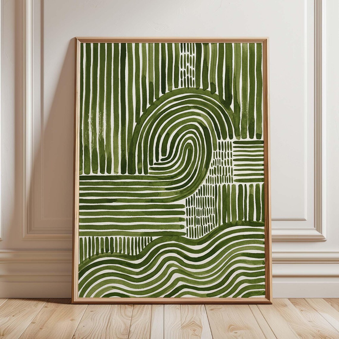 Abstract Green Line Art, Mid Century Geometric
