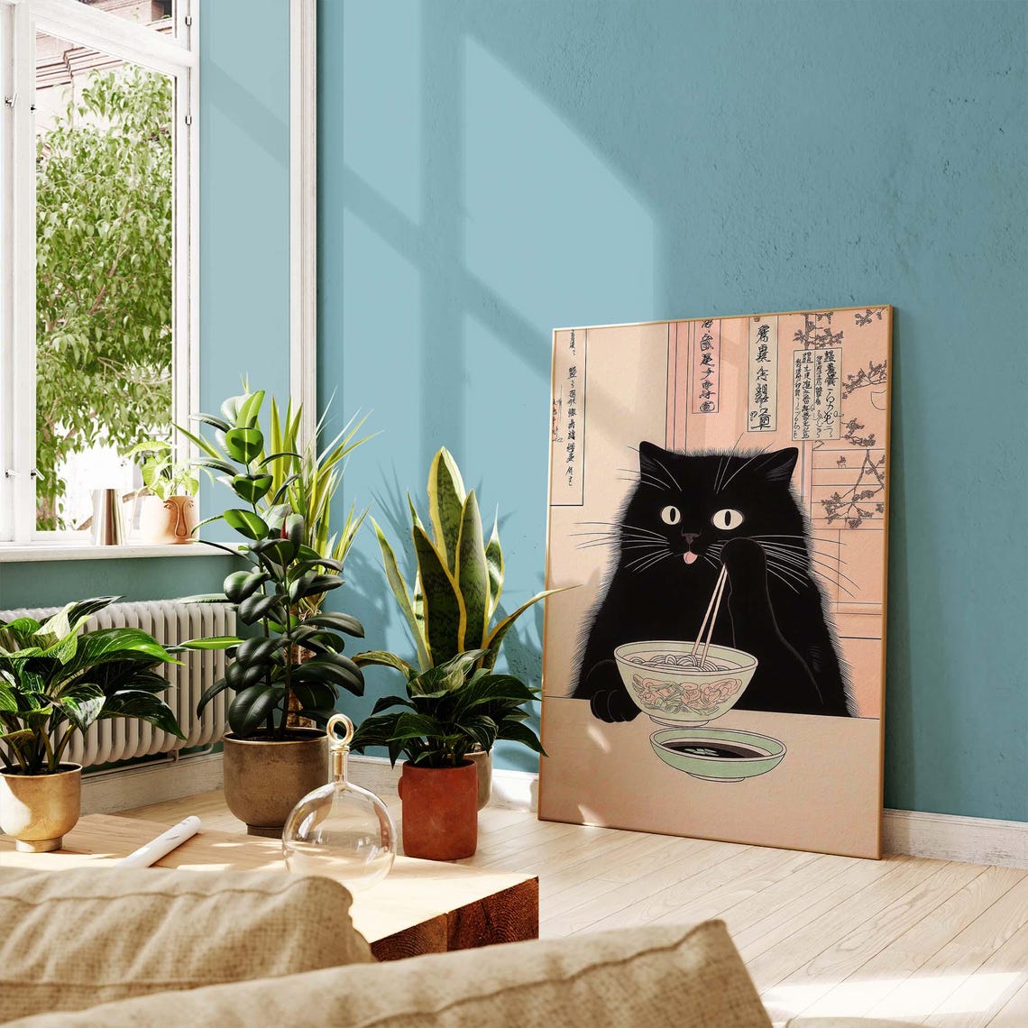 Black Cat Eating Ramen Noodles Japanese Woodblock Art Poster - Image 2