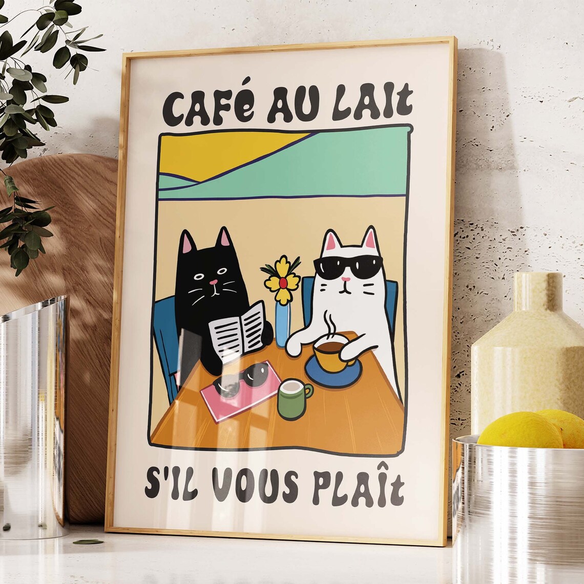 Cafe Au Lait Sil Vous Plait Two Funny Cats At French Cafe Table Poster - Image 4