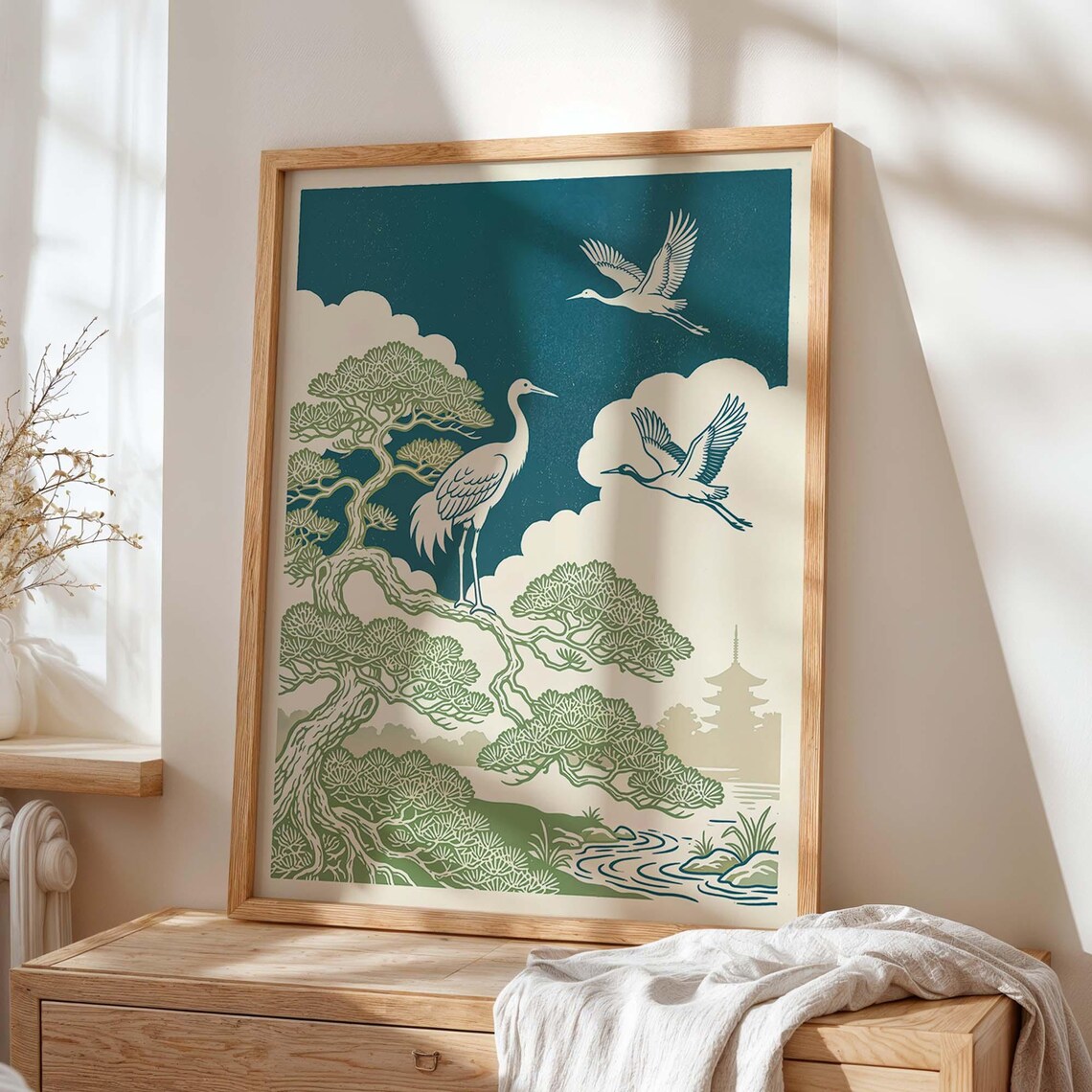 Japanese Crane, Japandi Bird Landscape Decor