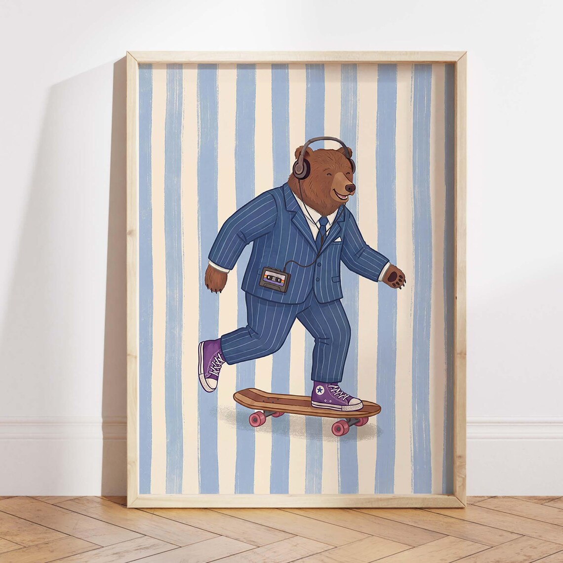 Bear Skateboard Nursery Art Print, Retro Illustration