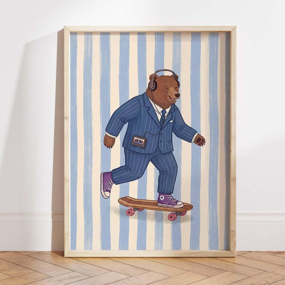 Bear Skateboard Nursery Art Print, Retro Illustration