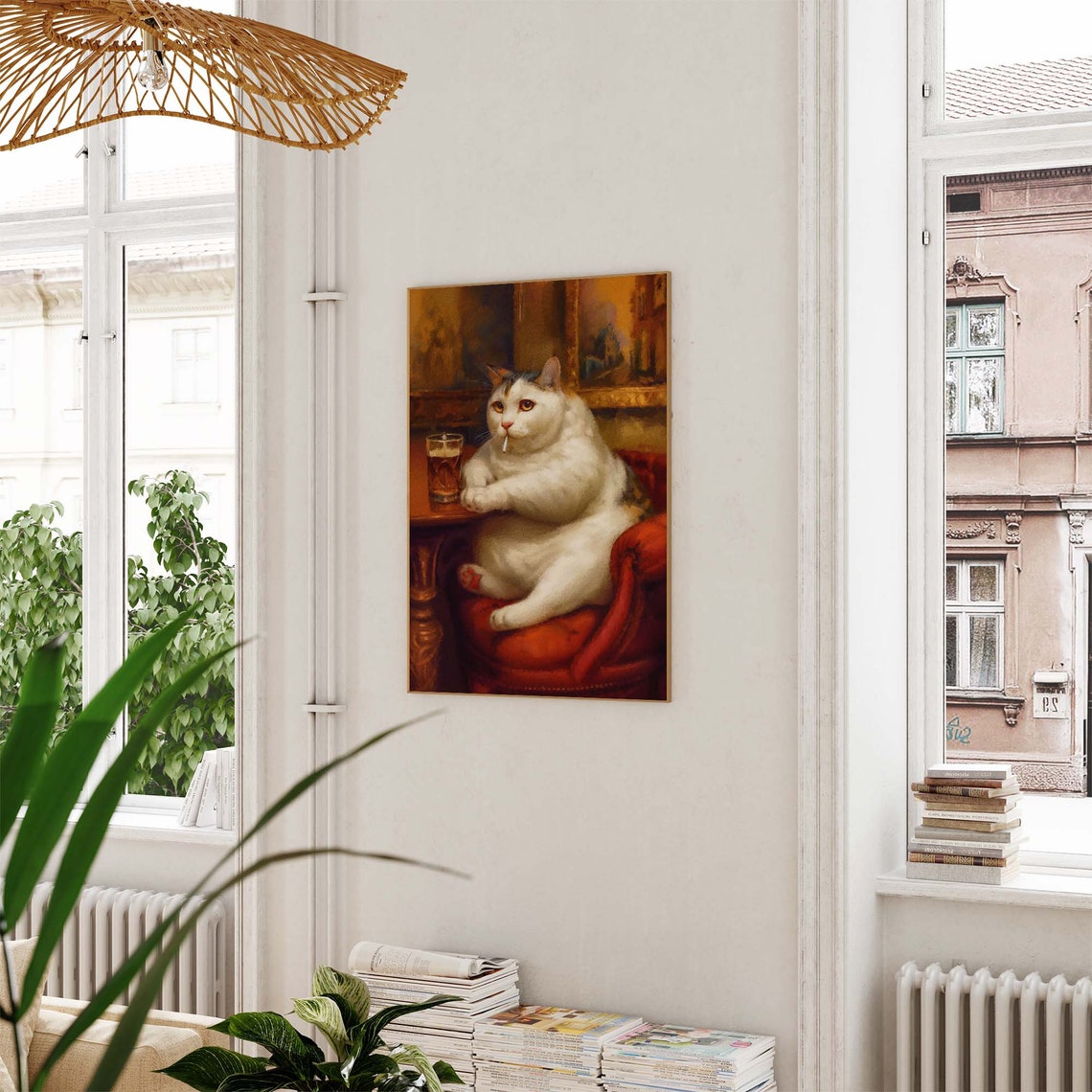 Fat White Cat Smoking a Cigarette With Beer Vintage Bar Poster - Image 2