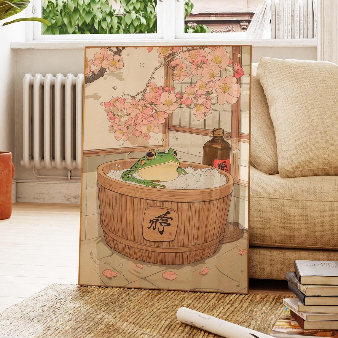 Frog Relaxing in Wooden Bath Tub Japanese Woodblock Art Poster - Image 4