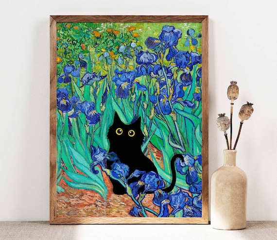 Van Gogh Irises With Black Cat Hidden Among Blue Blooms Poster