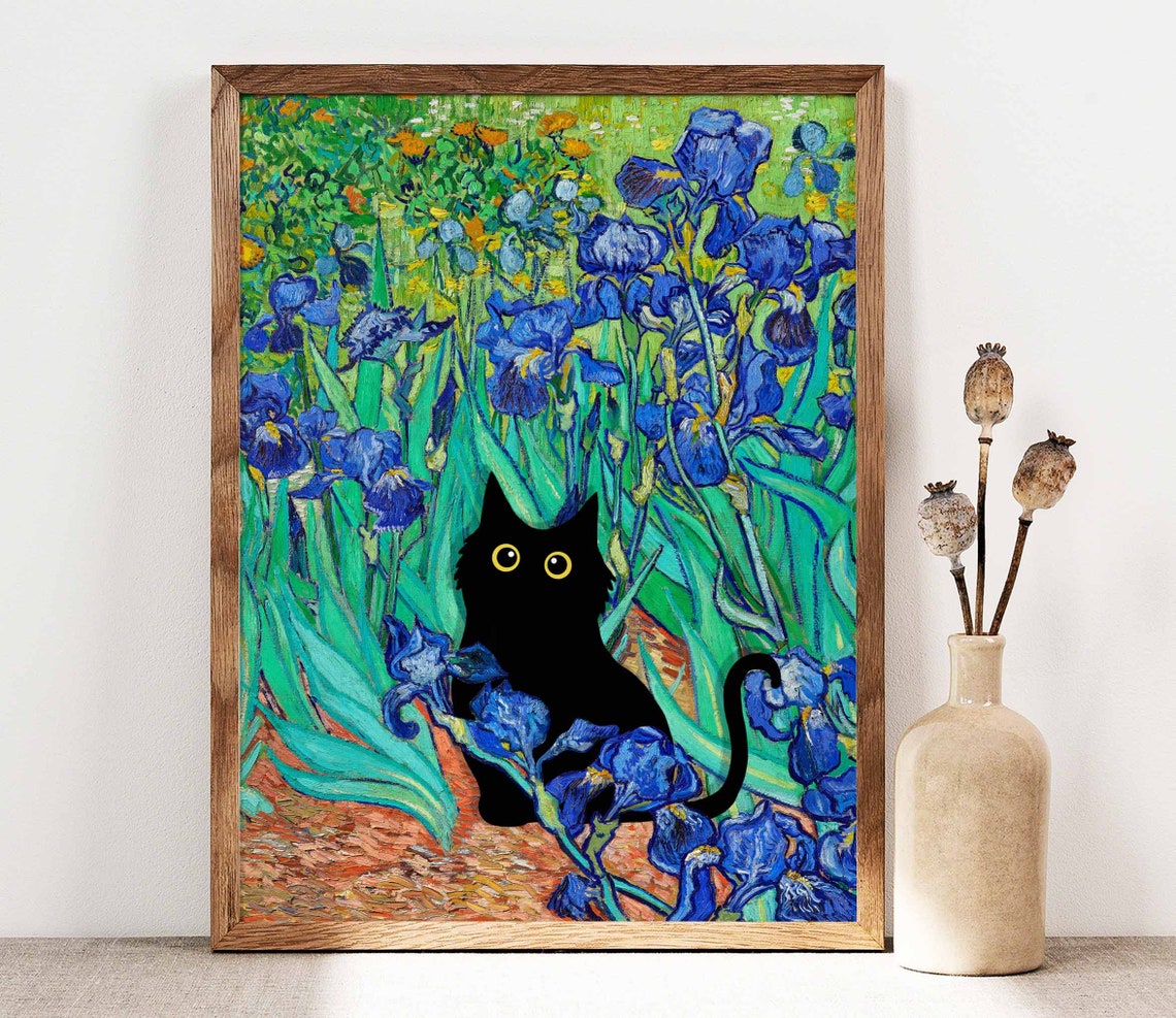 Van Gogh Irises With Black Cat Hidden Among Blue Blooms Poster