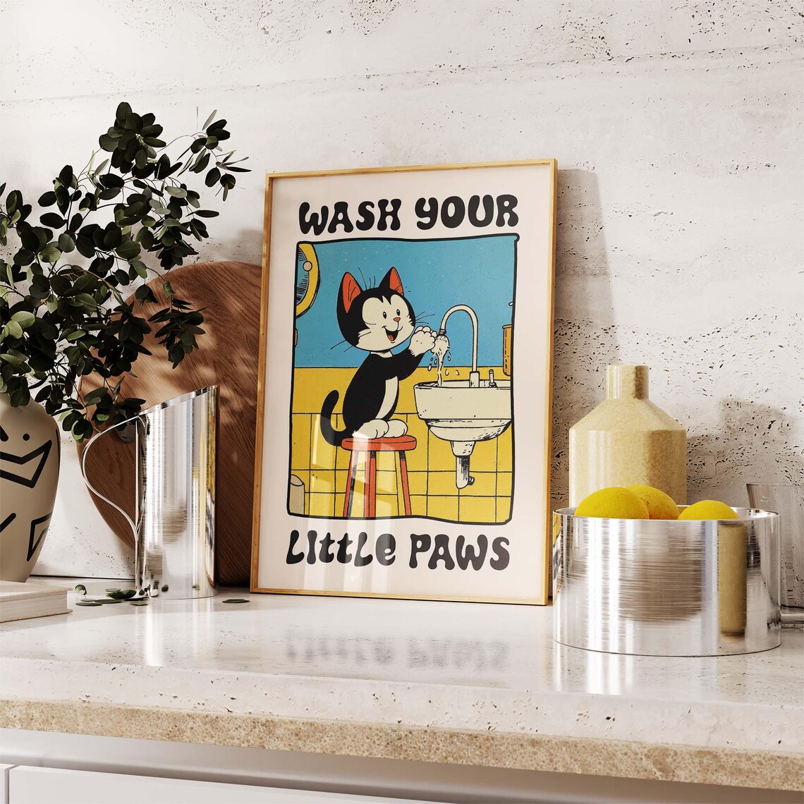 Wash Your Little Paws Cute Cat At The Sink Retro Bathroom Poster - Image 4