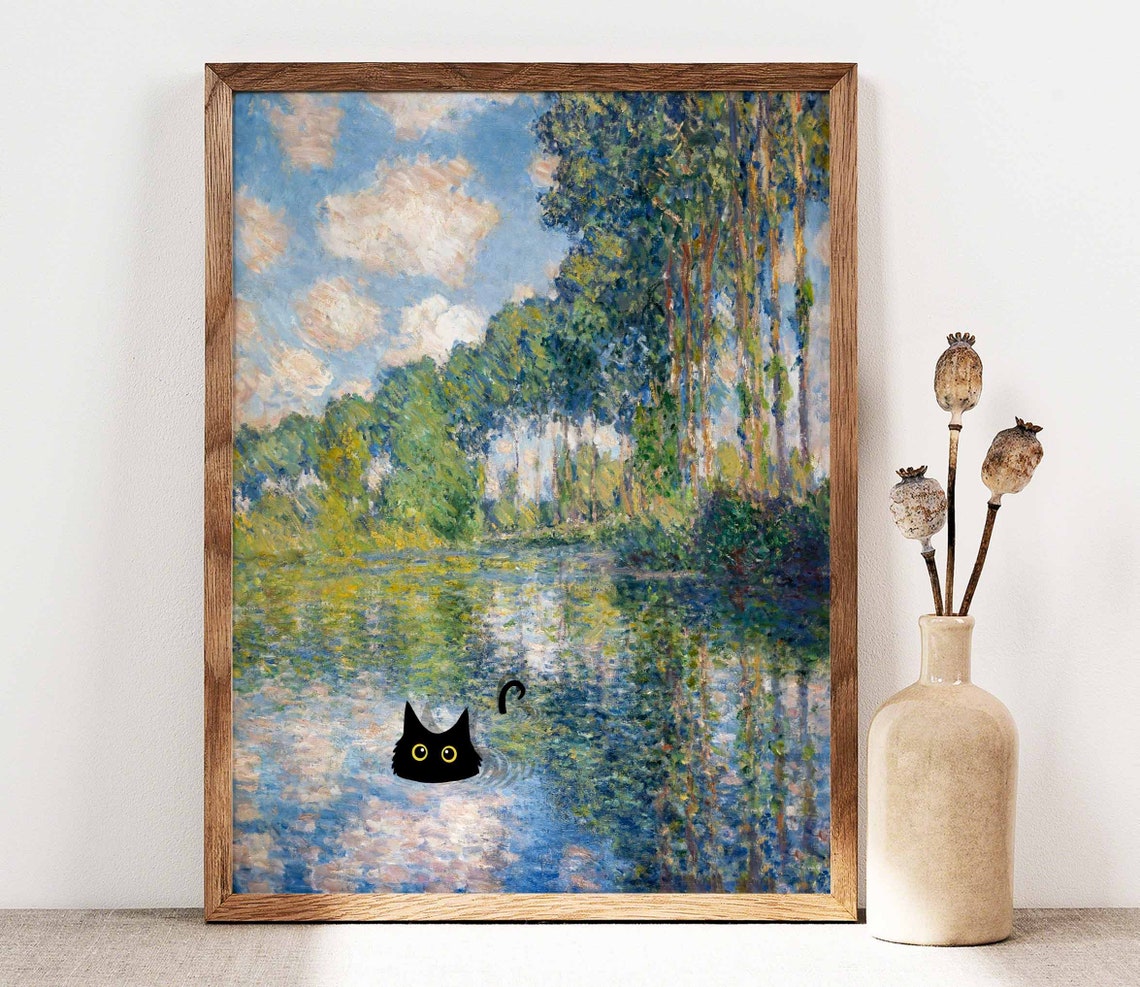 Monet River Poplars Landscape With Black Cat Swimming Poster