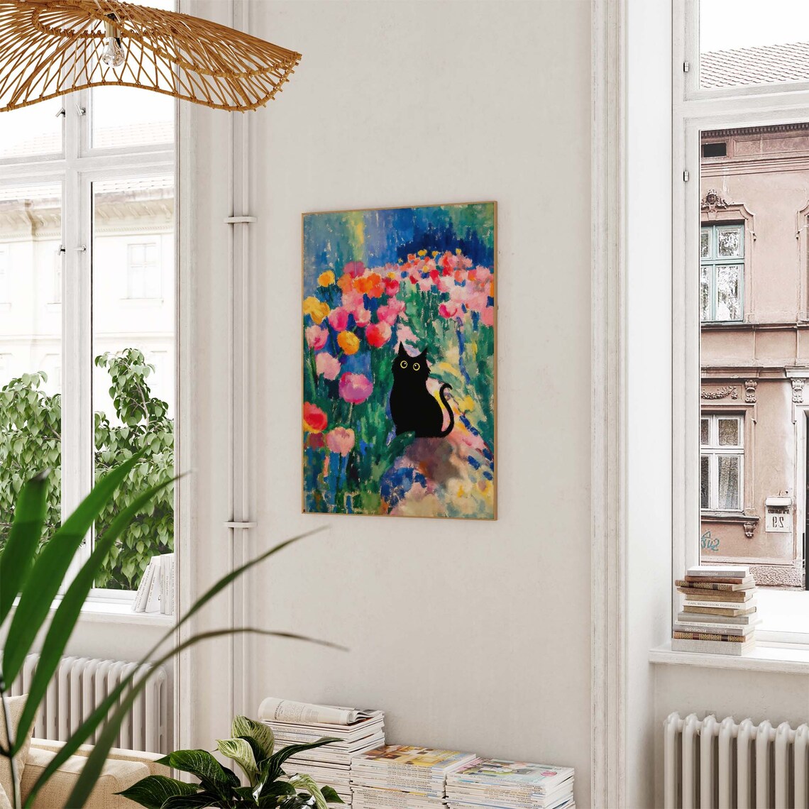 Black Cat In Colorful Matisse Style Tulip Garden Flower Poster - Image 2