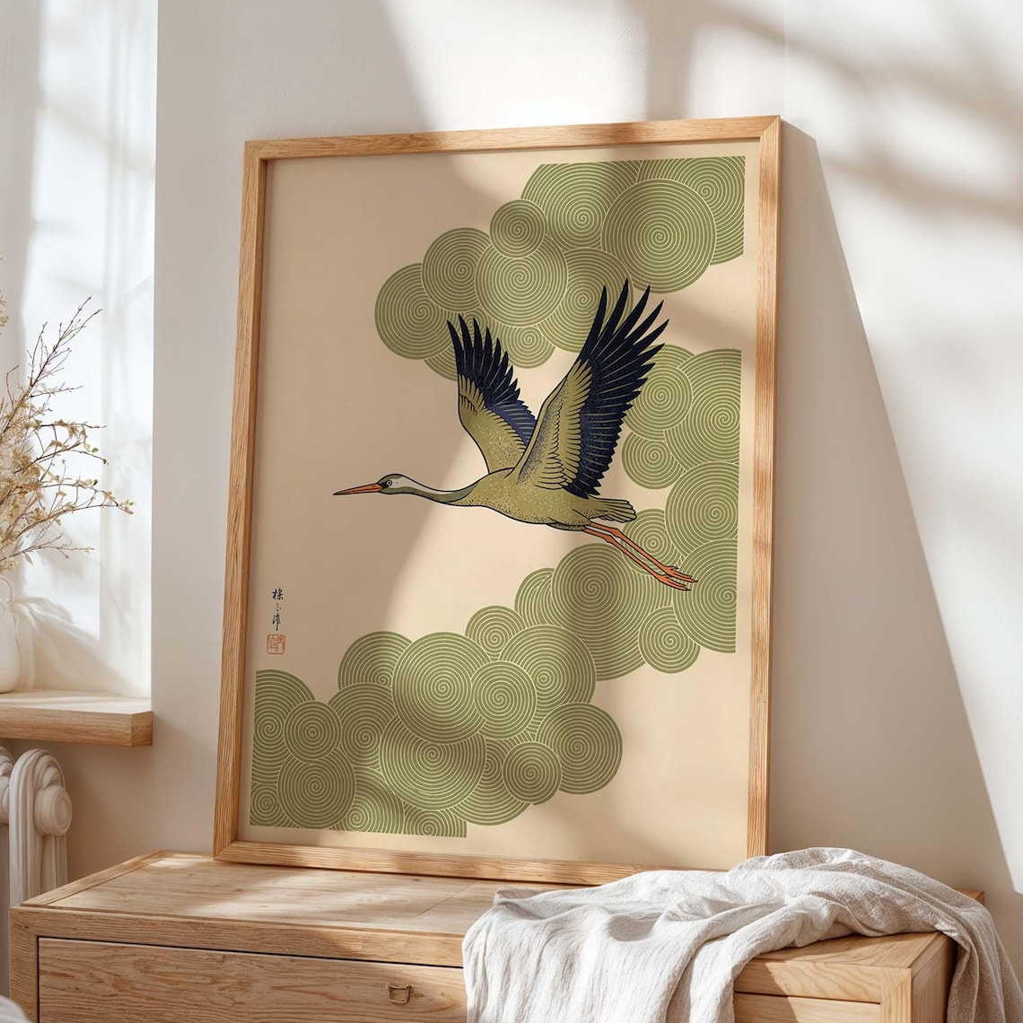 Japanese Crane, Swirling Cloud Skies Poster