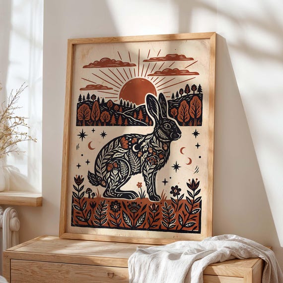 Rabbit Wall Art Print Woodland Hare Poster Folk Animal Decor Rustic Forest Nature Artwork