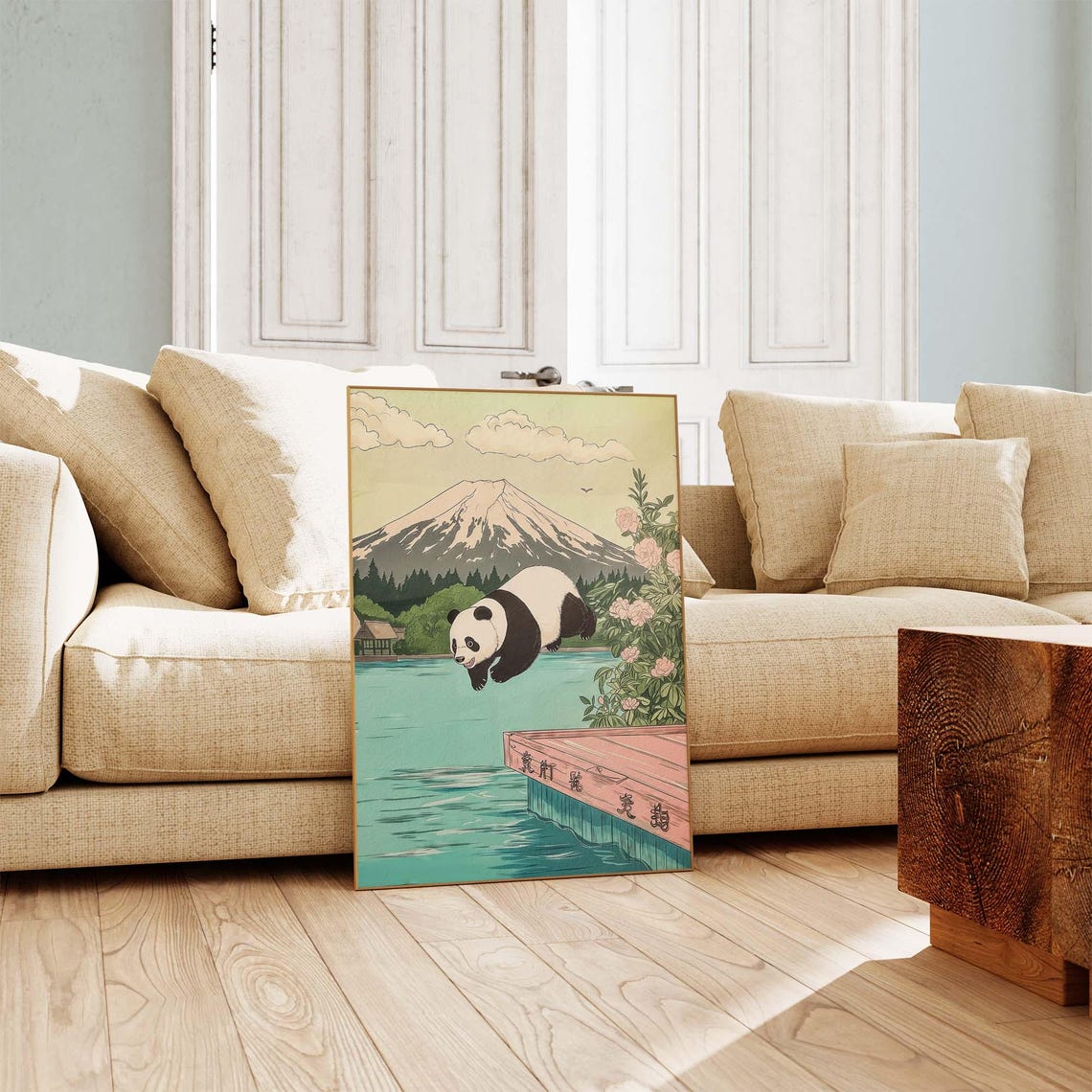 Panda Diving Into Lake Water With Mount Fuji Japanese Art Poster - Image 3