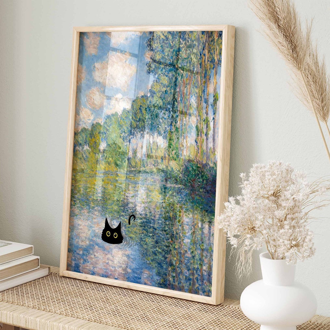 Monet River Poplars Landscape With Black Cat Swimming Poster - Image 3
