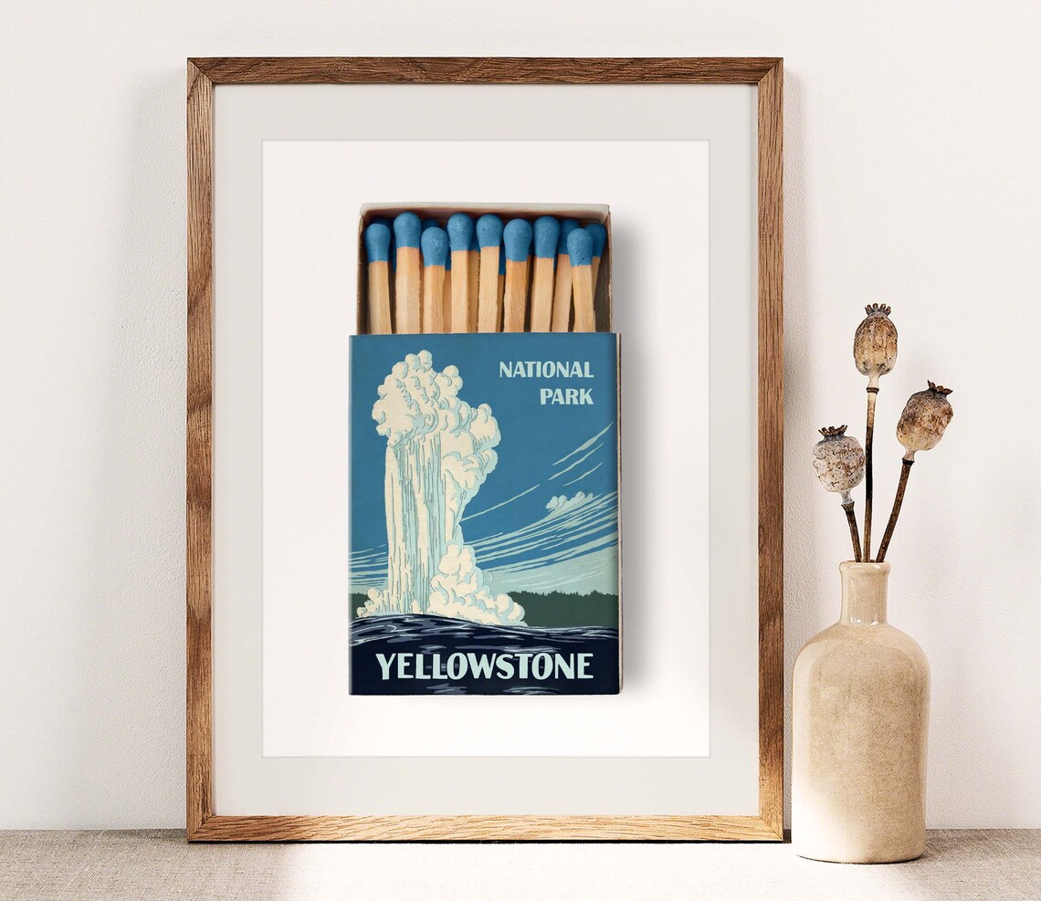 Yellowstone National Park Matchbox Geyser Vintage Travel Poster