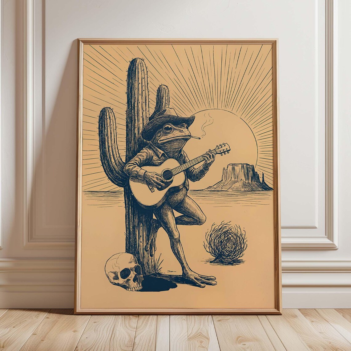 Cowboy Smoking Frog Guitar Print Western Desert Saloon Wall Art