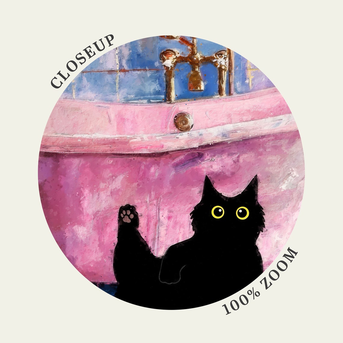 Black Cat With Pink Clawfoot Bathtub Painterly Bathroom Poster - Image 4
