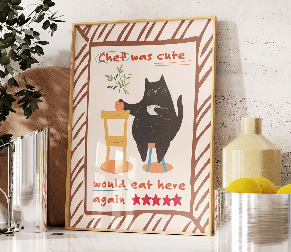 Chef Cat Five Star Review Would Eat Here Again Kitchen Poster