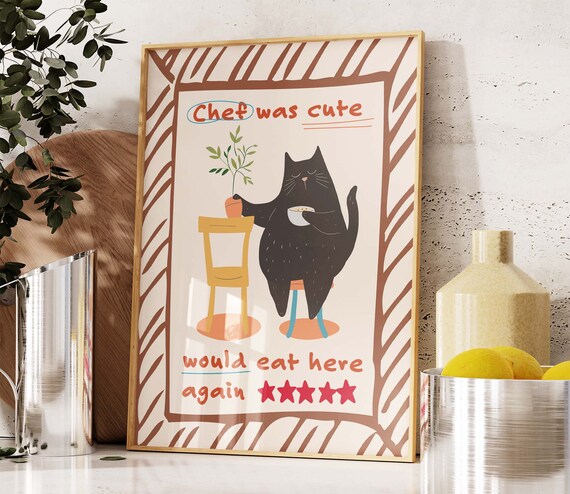Chef Cat Five Star Review Would Eat Here Again Kitchen Poster