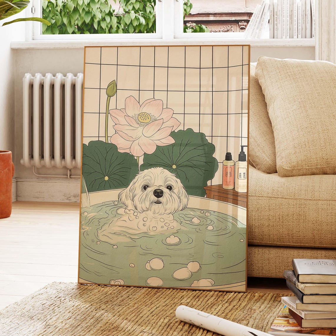 White Fluffy Dog Soaking In Japanese Onsen Bath With Lotus Print - Image 4