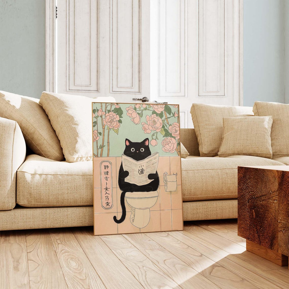 Japanese Black Cat On Toilet Reading Newspaper With Peonies Poster - Image 3