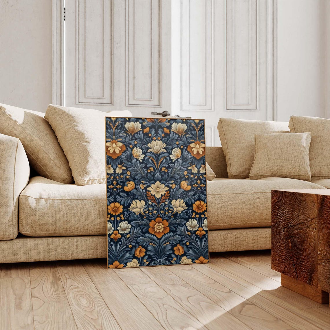 William Morris Style Floral Pattern with Orange Blooms on Navy Poster - Image 4