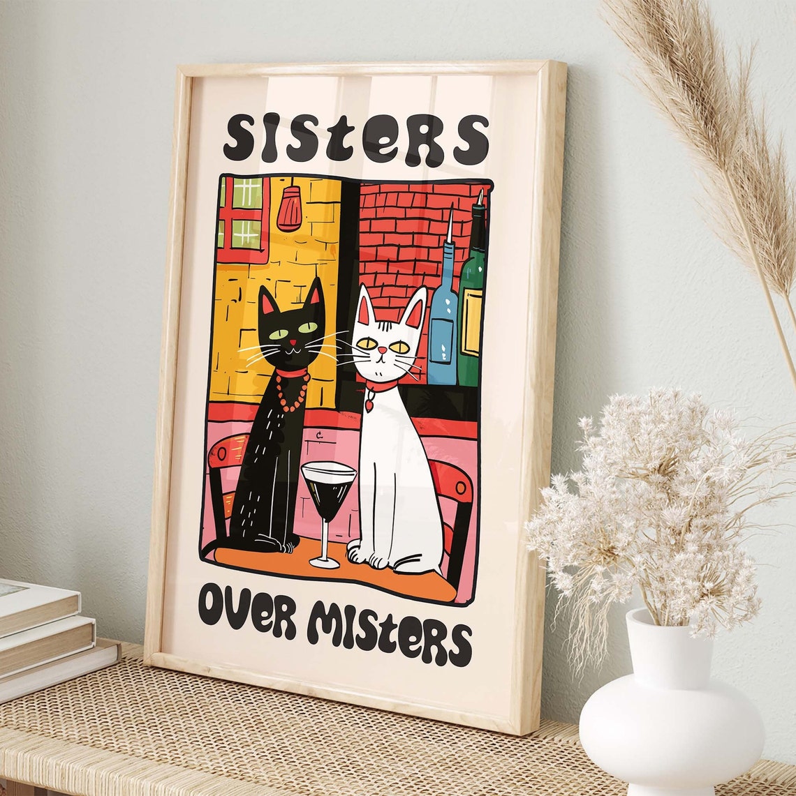 Sisters Over Misters Two Cats Sharing A Cocktail Retro Poster - Image 3