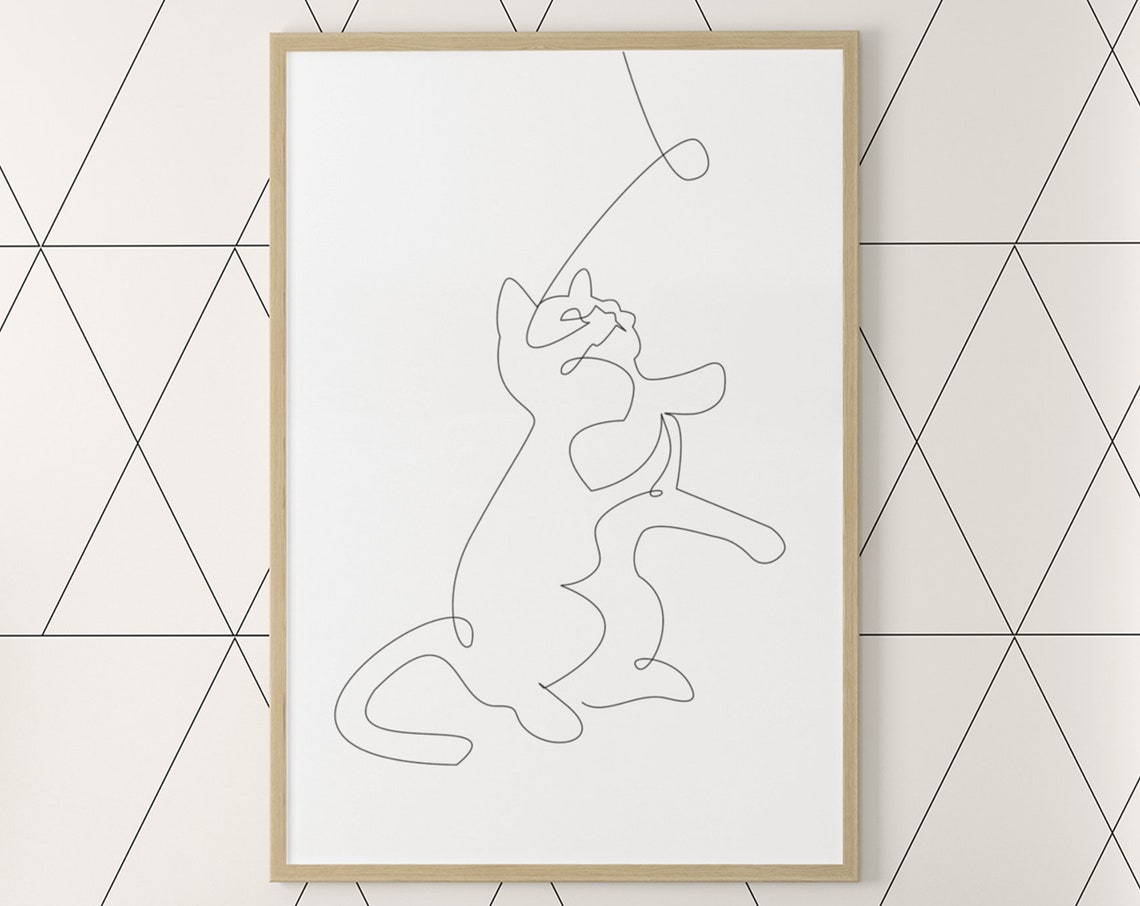 Minimalist One Line Drawing Cat Playing With String Art Decor Print - Image 3