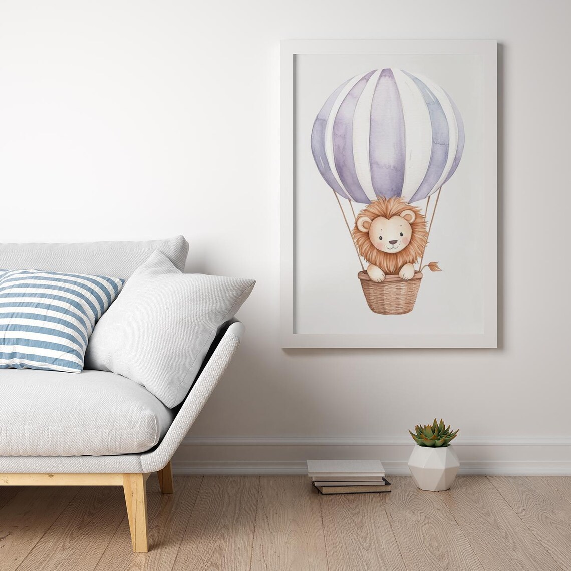 Baby Lion In Lavender Striped Hot Air Balloon Basket Nursery Poster - Image 2