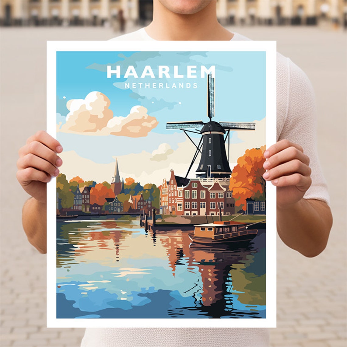 Haarlem Netherlands Autumn Canal Windmill Old Town Travel Poster