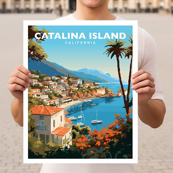 Catalina Island California Harbor Sailboats Hillside Village Travel Poster