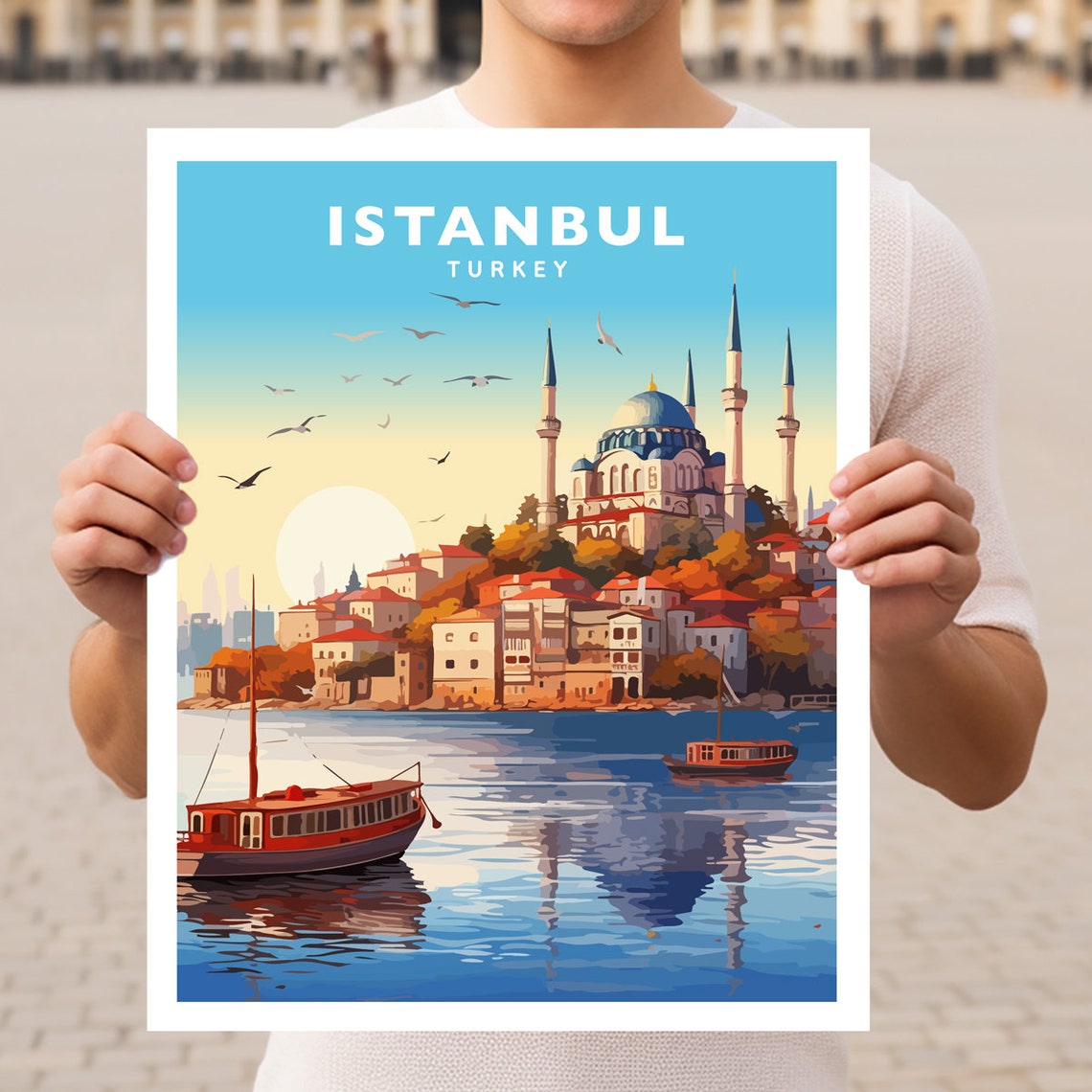 Istanbul Turkey Bosphorus Mosque Sunset Harbor Travel Poster